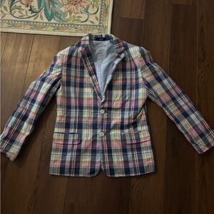 Izod Light Blue Lined Blazer with Pastel Plaid Trim boys size 12 sports coat jac